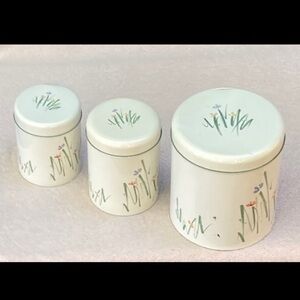 Vintage Studio Nova Floral Metal Tins Kitchen Canisters-Cream/Green-Vtg-Flowers